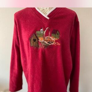 Vintage 90  RED Fleece Pullover Sweatshirt COUNTRY FALL BIRD Embroidered